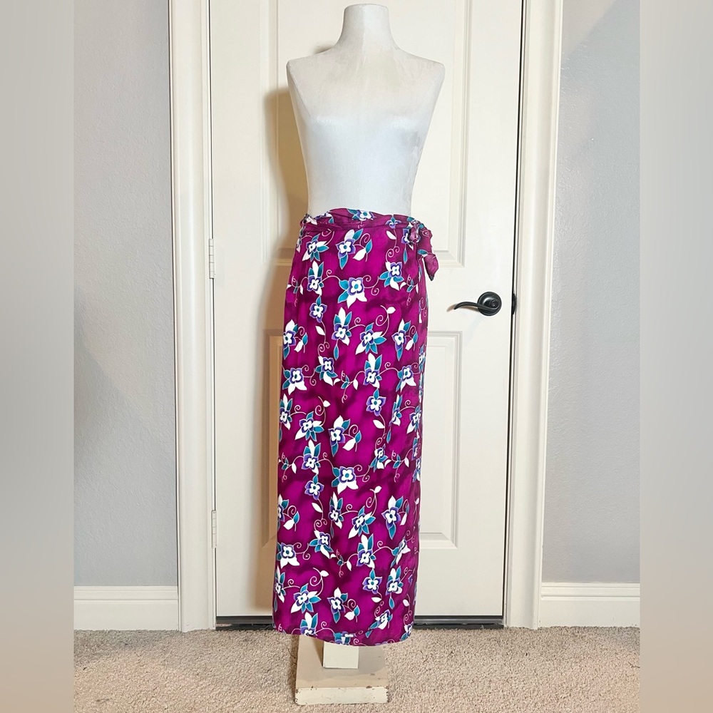 Handmade Hawaiian Floral Sarong Wrap Skirt Purple Turquoise White One Size